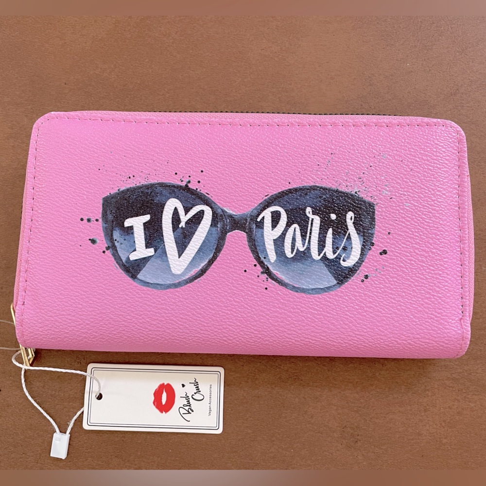 Blush Crush 🎉HP🎉 NWT vegan “I 🩷 Paris” long zip around wallet BarbieCore pink